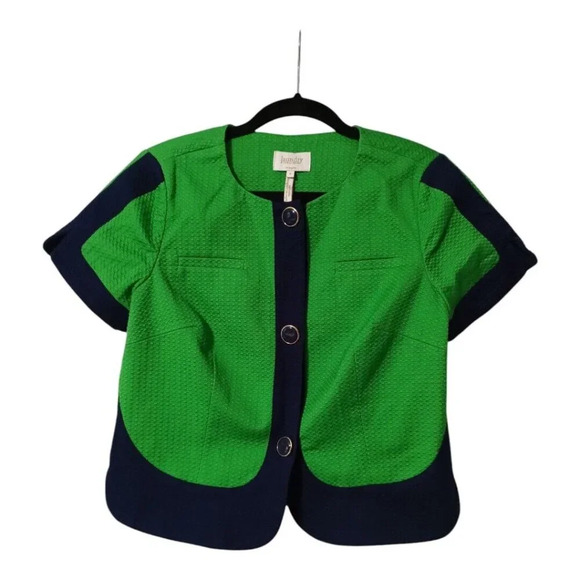 Laundry Shelli Segal Size 6 Green Navy Blue Color Block Cropped Work Jacket Top - Picture 1 of 9